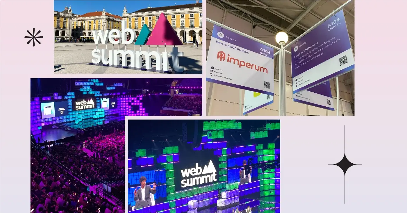 Photo collage showing the Web Summit venue, main stage and Imperum’s Growth program stand in Lisbon.